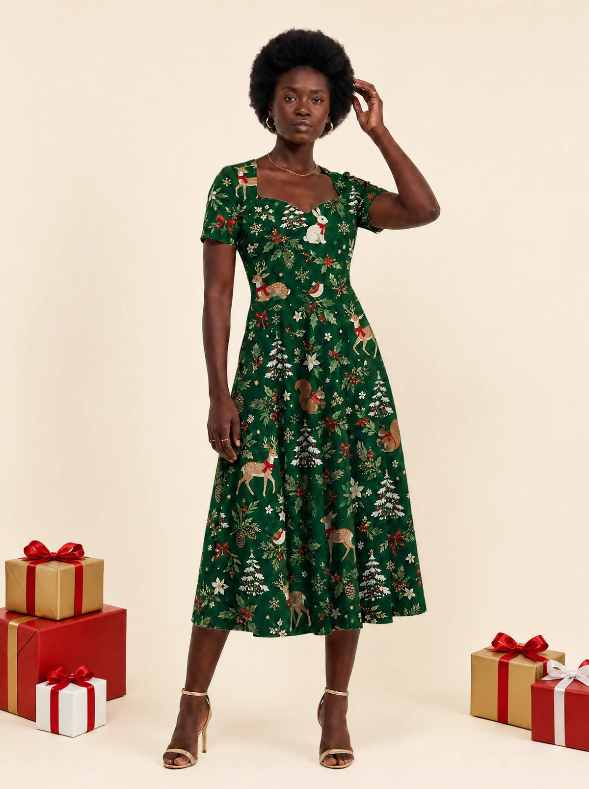 "Msituni" Sweetheart Midi Dress — on model, Christmas backdrop