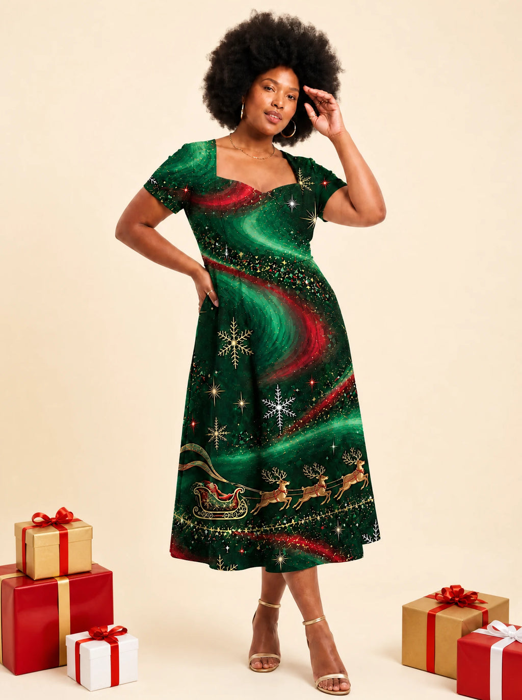 "Kimbingu" Sweetheart Midi Dress — on model, Christmas backdrop