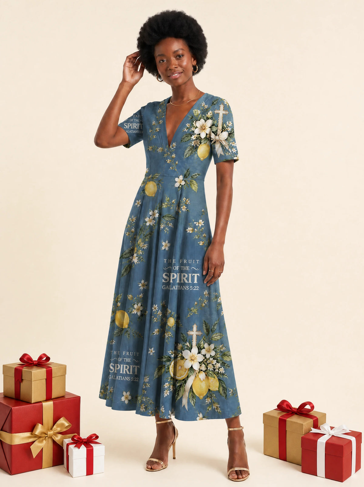 "Ndimu" Short Sleeve Maxi Dress — on model, Christmas backdrop