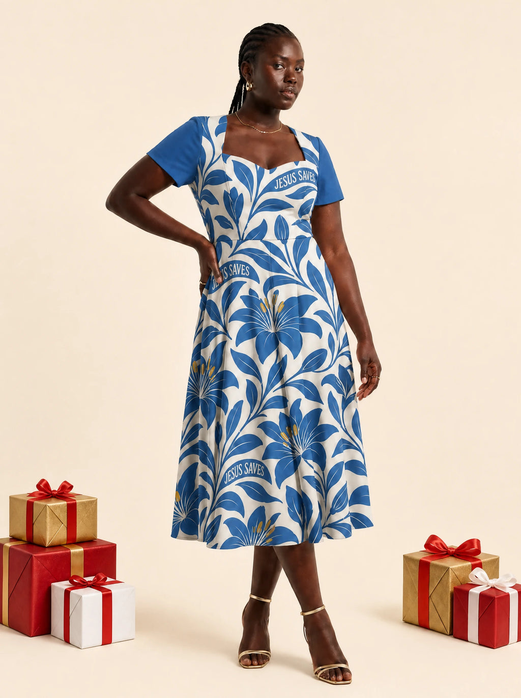 "Madhabahu" Sweetheart Midi Dress — on model, Christmas backdrop