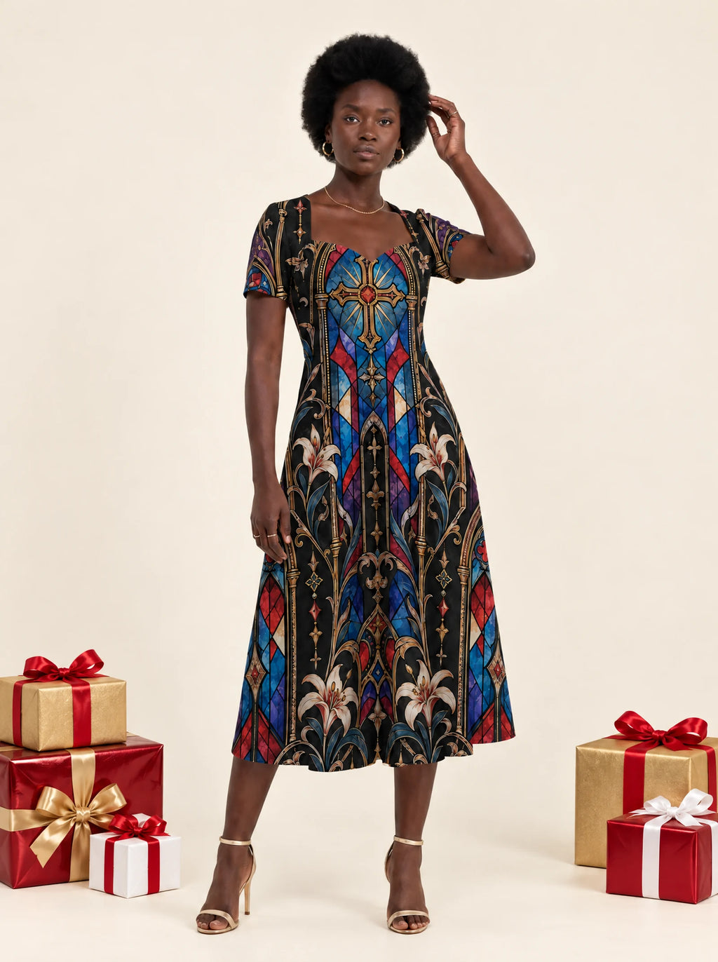 "Hekalu" Sweetheart Midi Dress — on model, Christmas backdrop