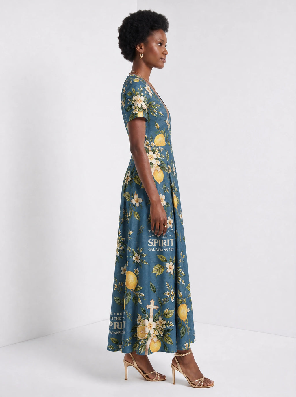 "Ndimu" Short Sleeve Maxi Dress — side view on model