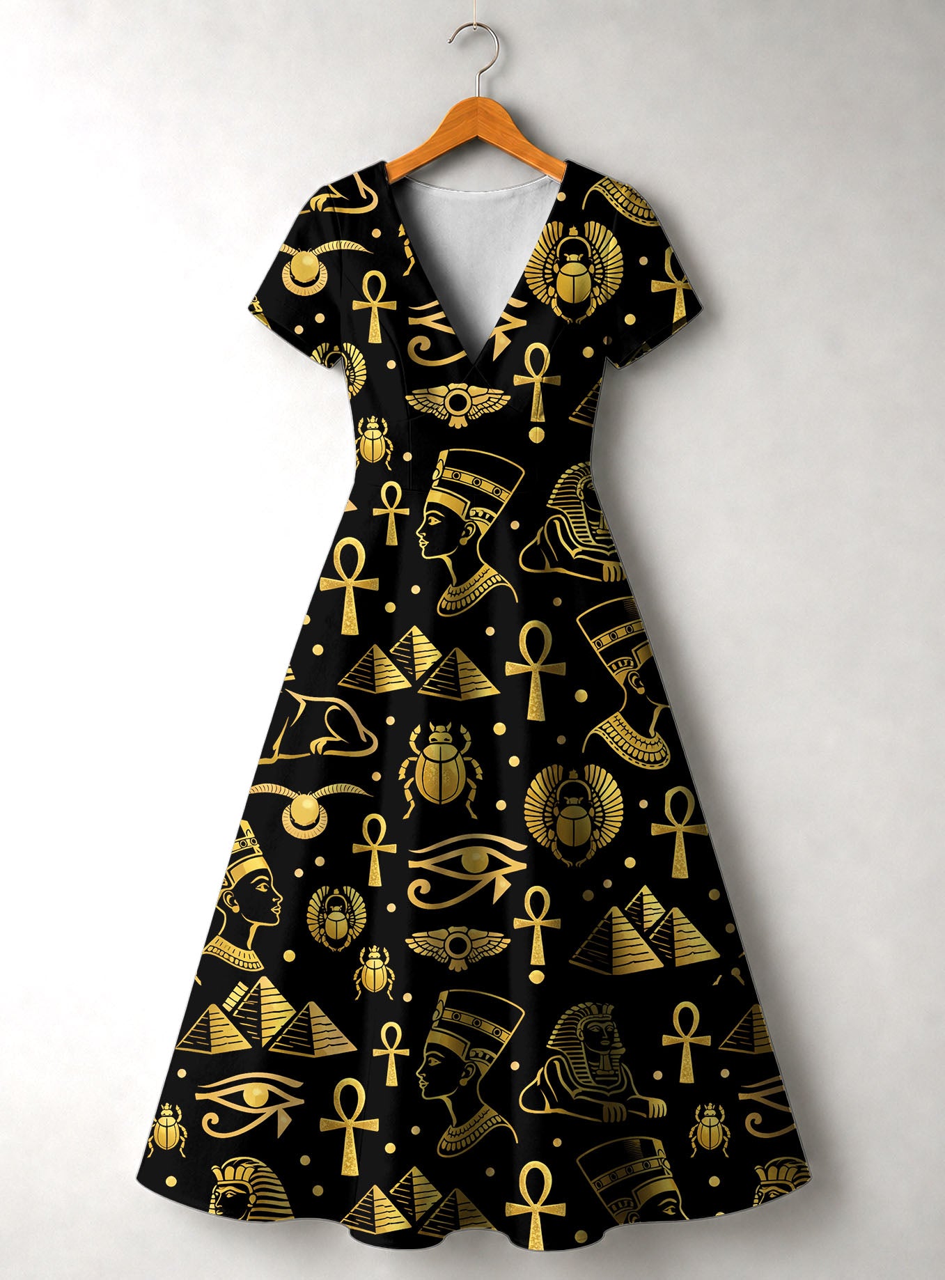 "Nefertiti" Black Gold Short Sleeve Maxi Dress