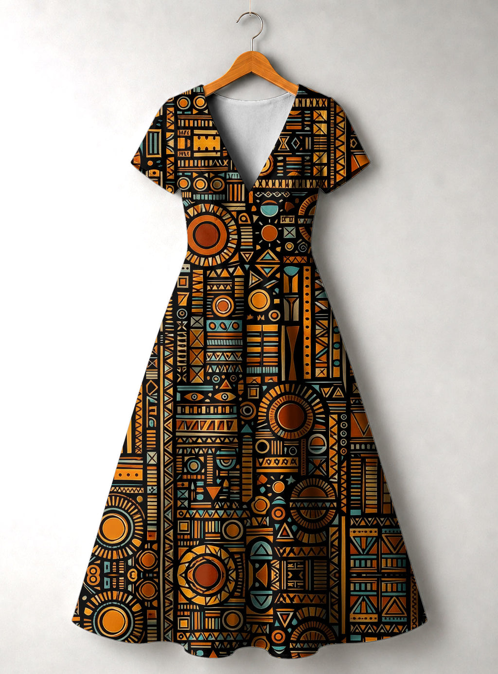 Afrocentric Pattern Short Sleeve Maxi Dress