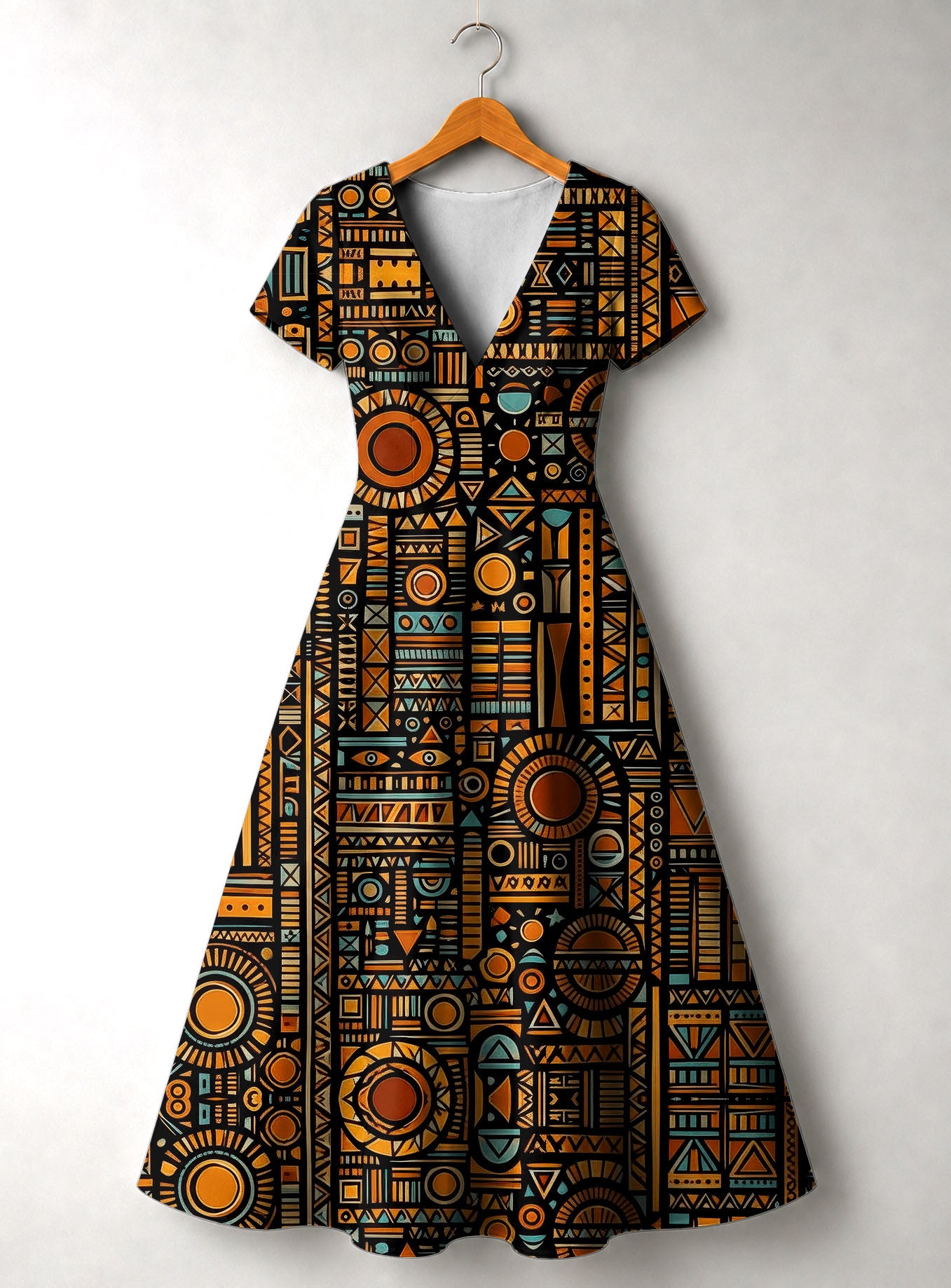 Afrocentric Pattern Short Sleeve Maxi Dress
