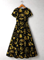 "Nefertiti" Black Gold Short Sleeve Maxi Dress Promo
