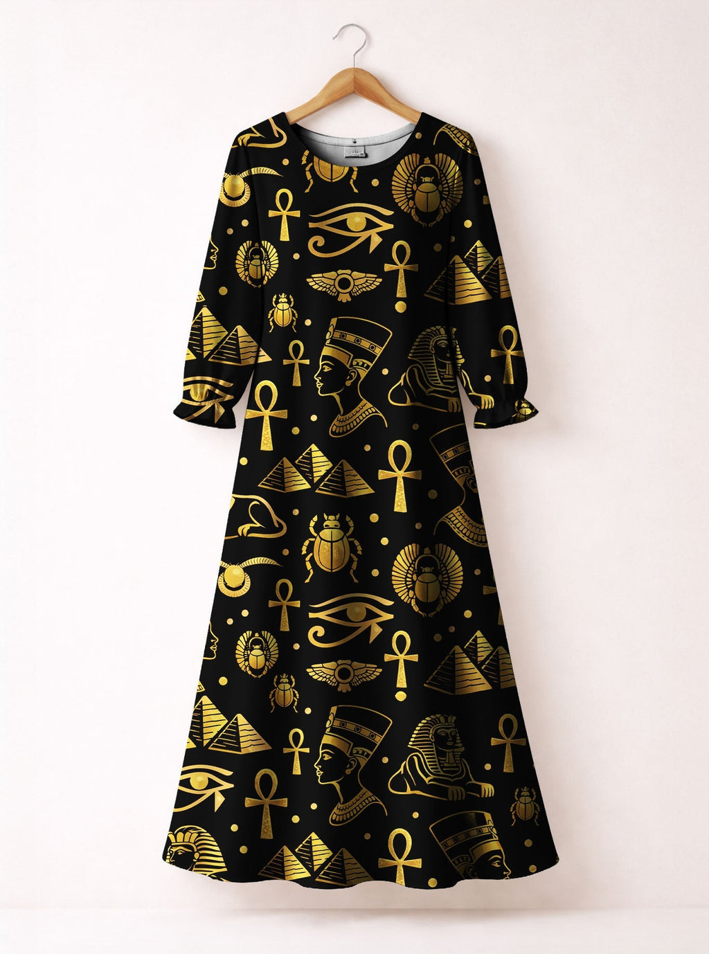 "Nefertiti" Black Gold Long Sleeve Maxi Dress