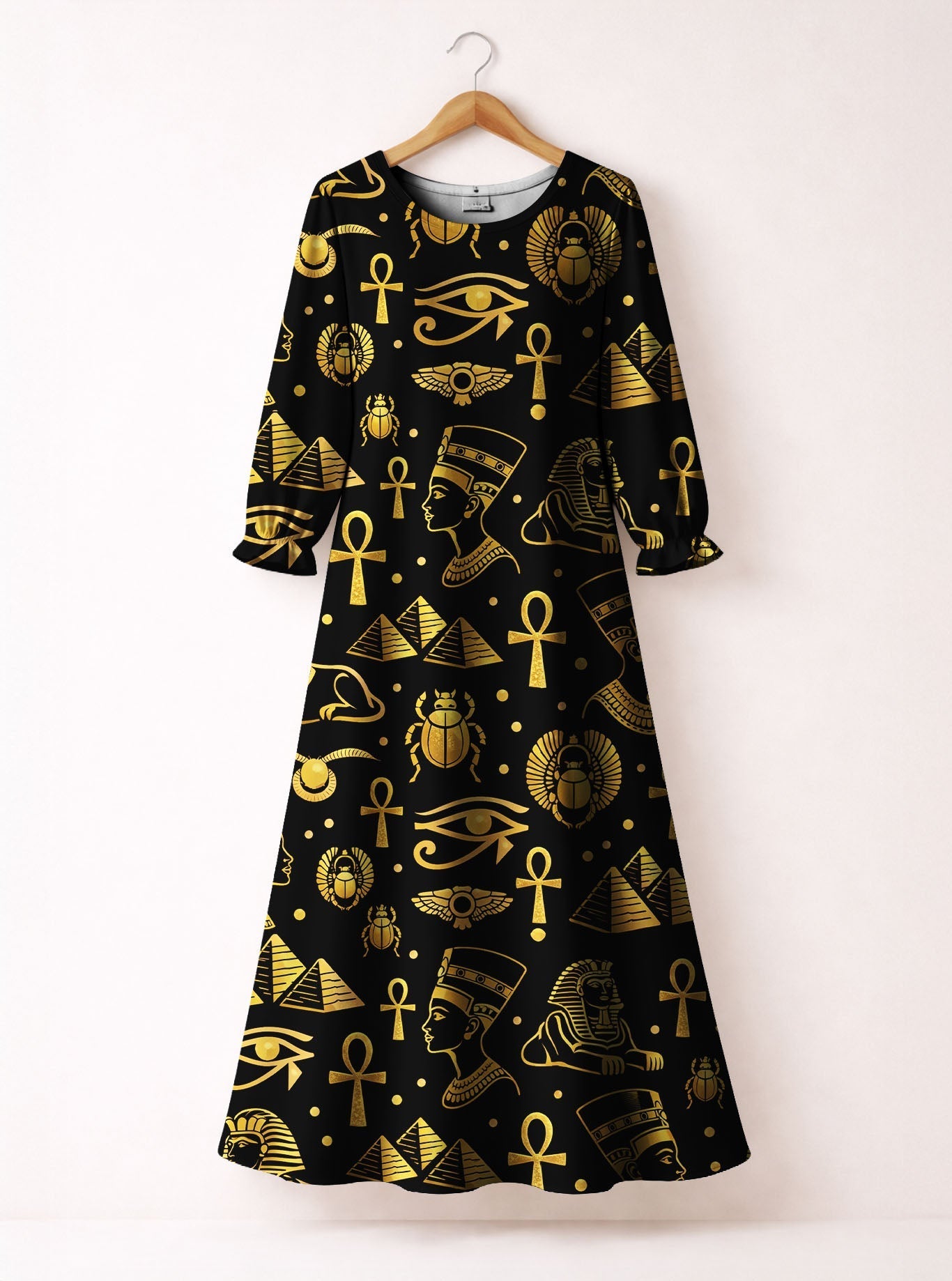 "Nefertiti" Black Gold Long Sleeve Maxi Dress