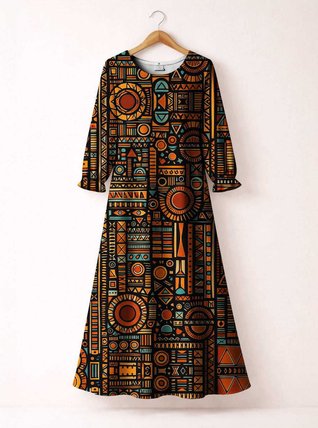 Afrocentric Pattern Long Sleeve Maxi Dress