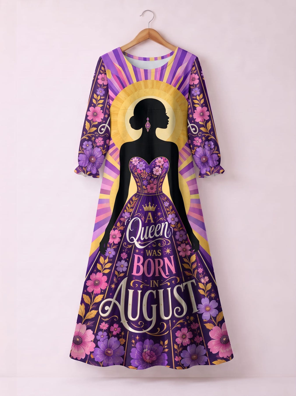 "August Queen Purple Bloom" Long Sleeve Maxi Dress