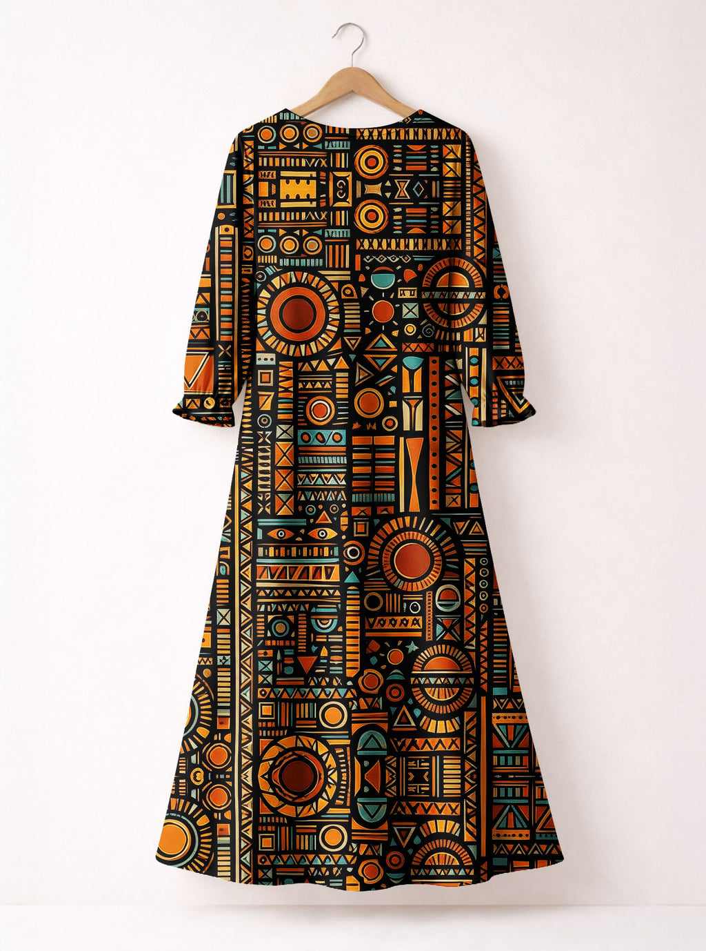 Afrocentric Pattern Long Sleeve Maxi Dress