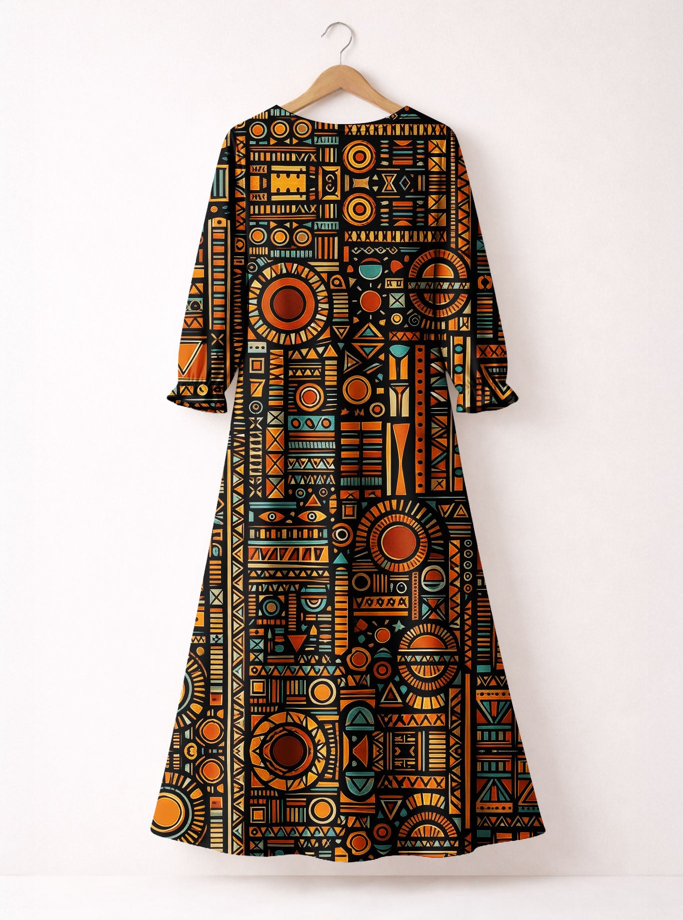 Afrocentric Pattern Long Sleeve Maxi Dress
