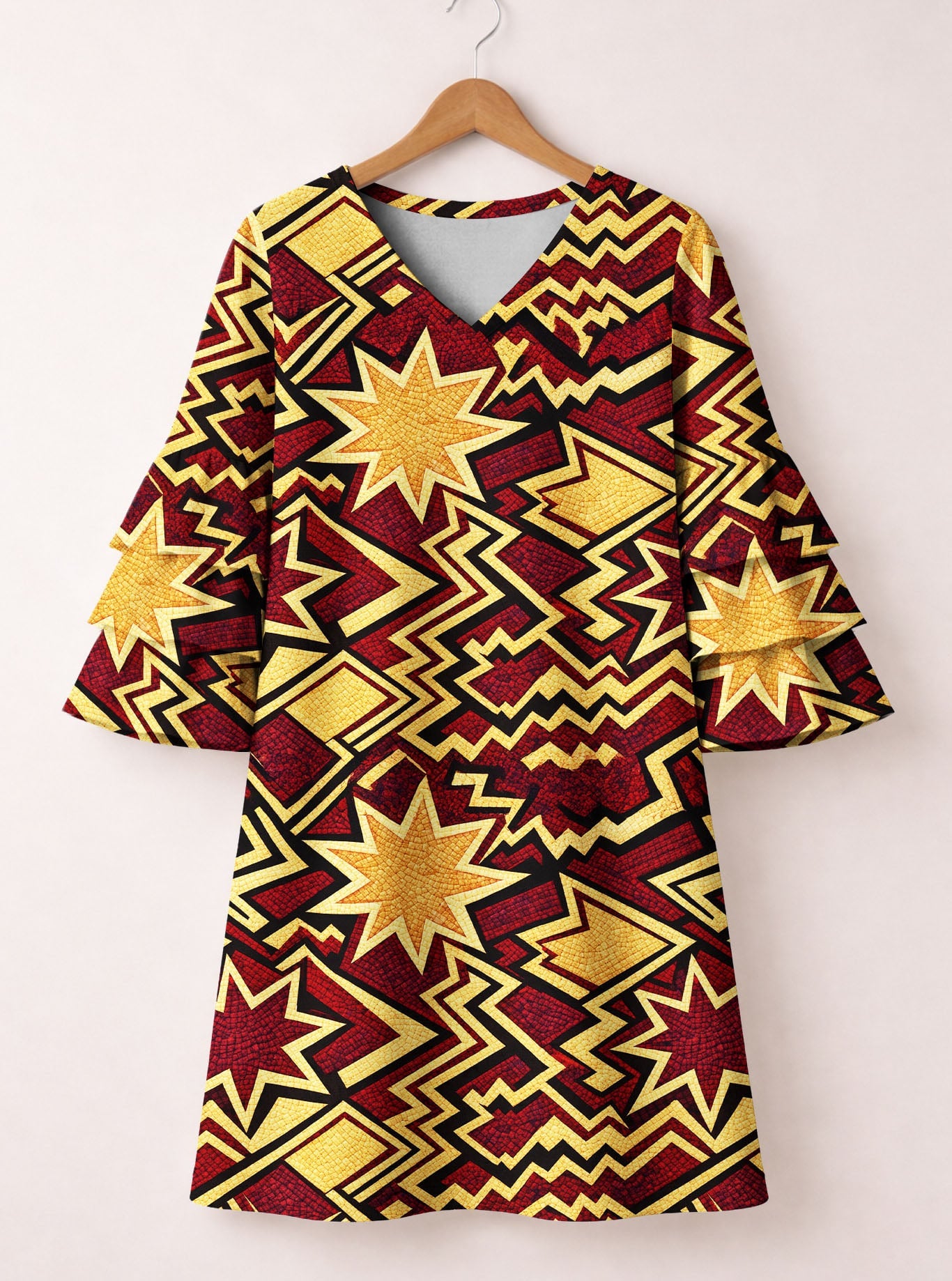 Burgundy Sheba Stacked Ruffle Sleeve Dress