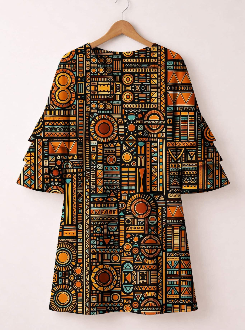 Afrocentric Pattern Stacked Ruffle Sleeve Dress