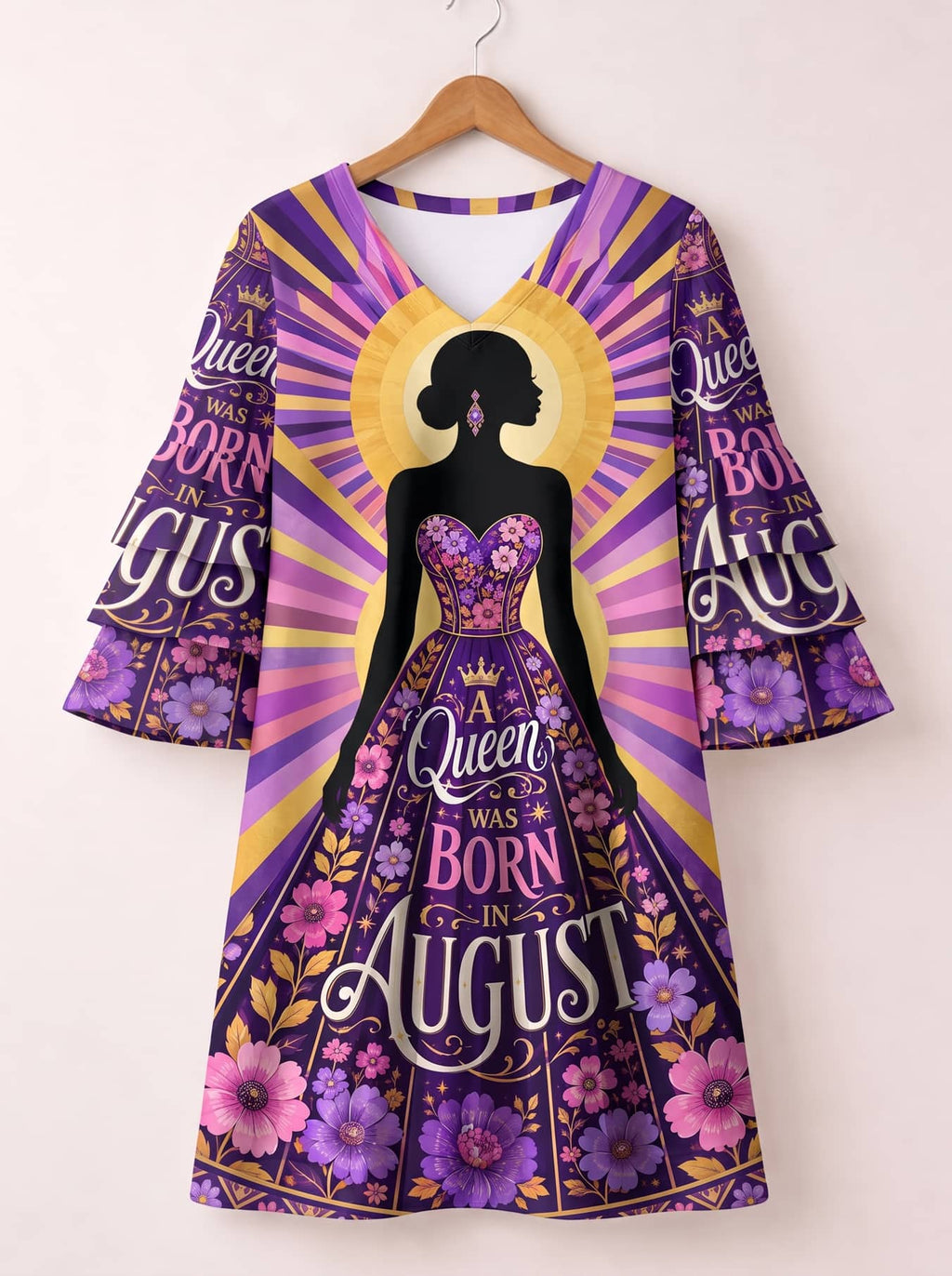 "August Queen Purple Bloom" Stacked Ruffle Sleeve Dress