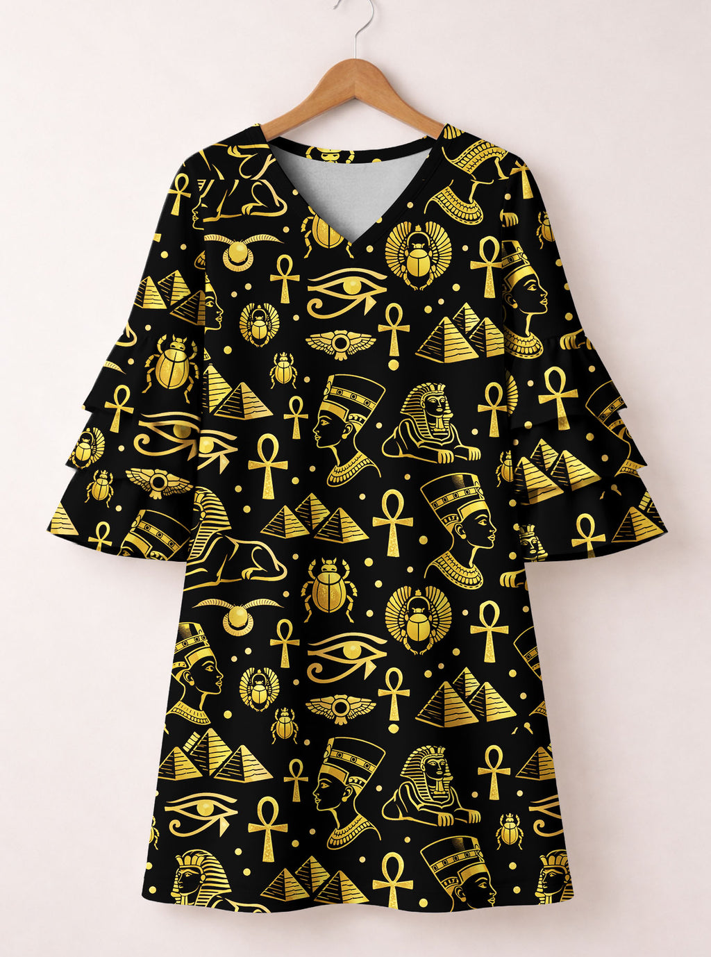 "Nefertiti" Black Gold Stacked Ruffle Sleeve Dress