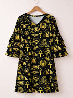 "Nefertiti" Black Gold Stacked Ruffle Sleeve Dress
