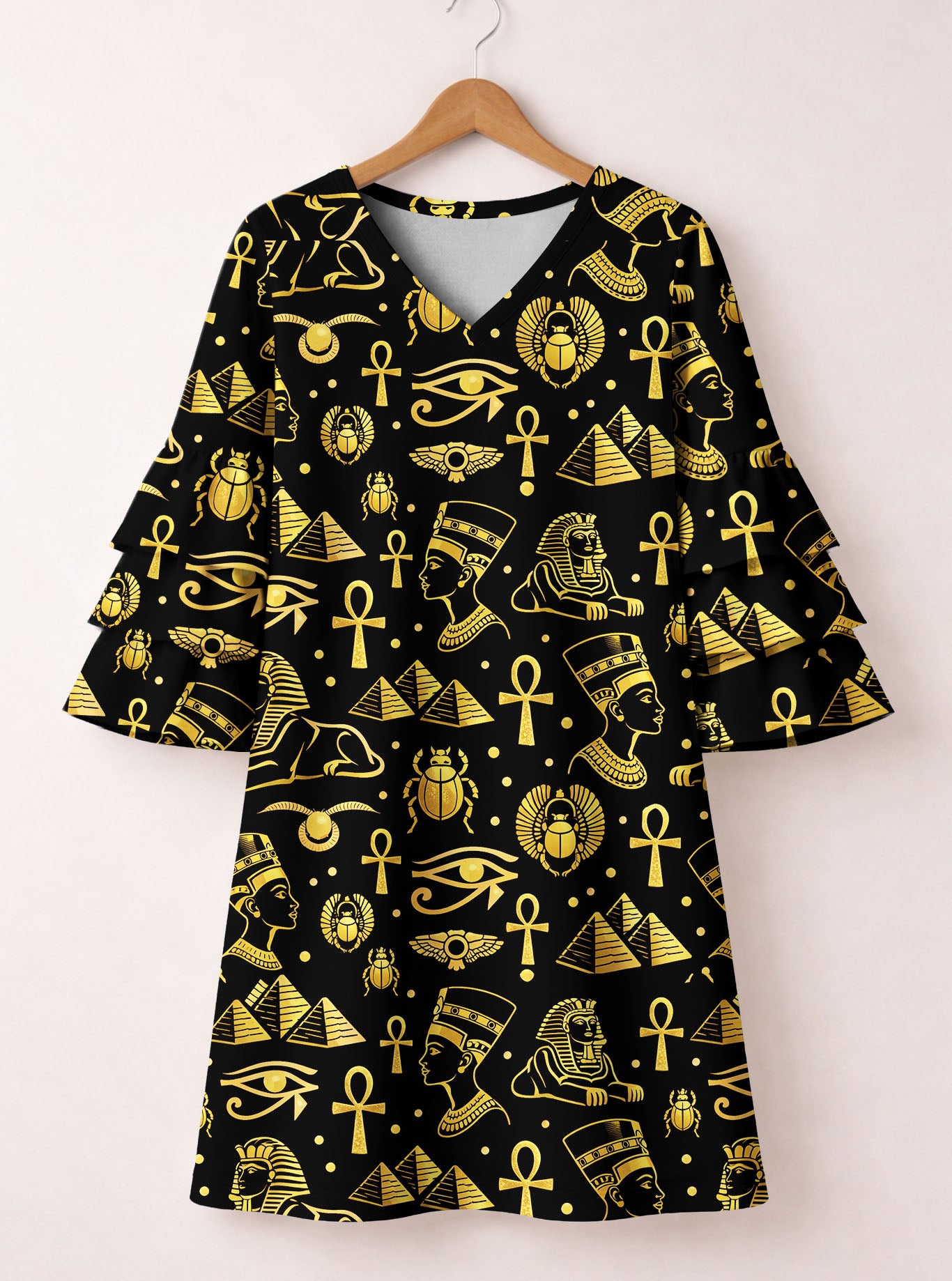 "Nefertiti" Black Gold Stacked Ruffle Sleeve Dress