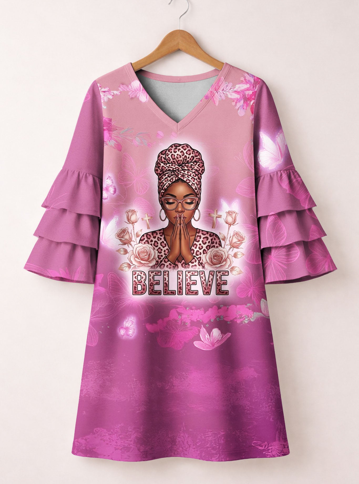 "Imani" Wild Rose Stacked Ruffle Sleeve Dress