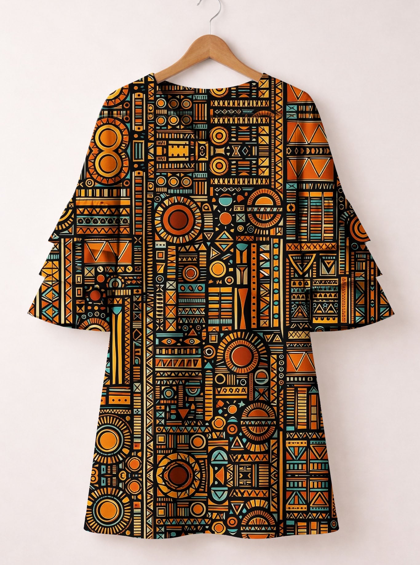 Afrocentric Pattern Stacked Ruffle Sleeve Dress