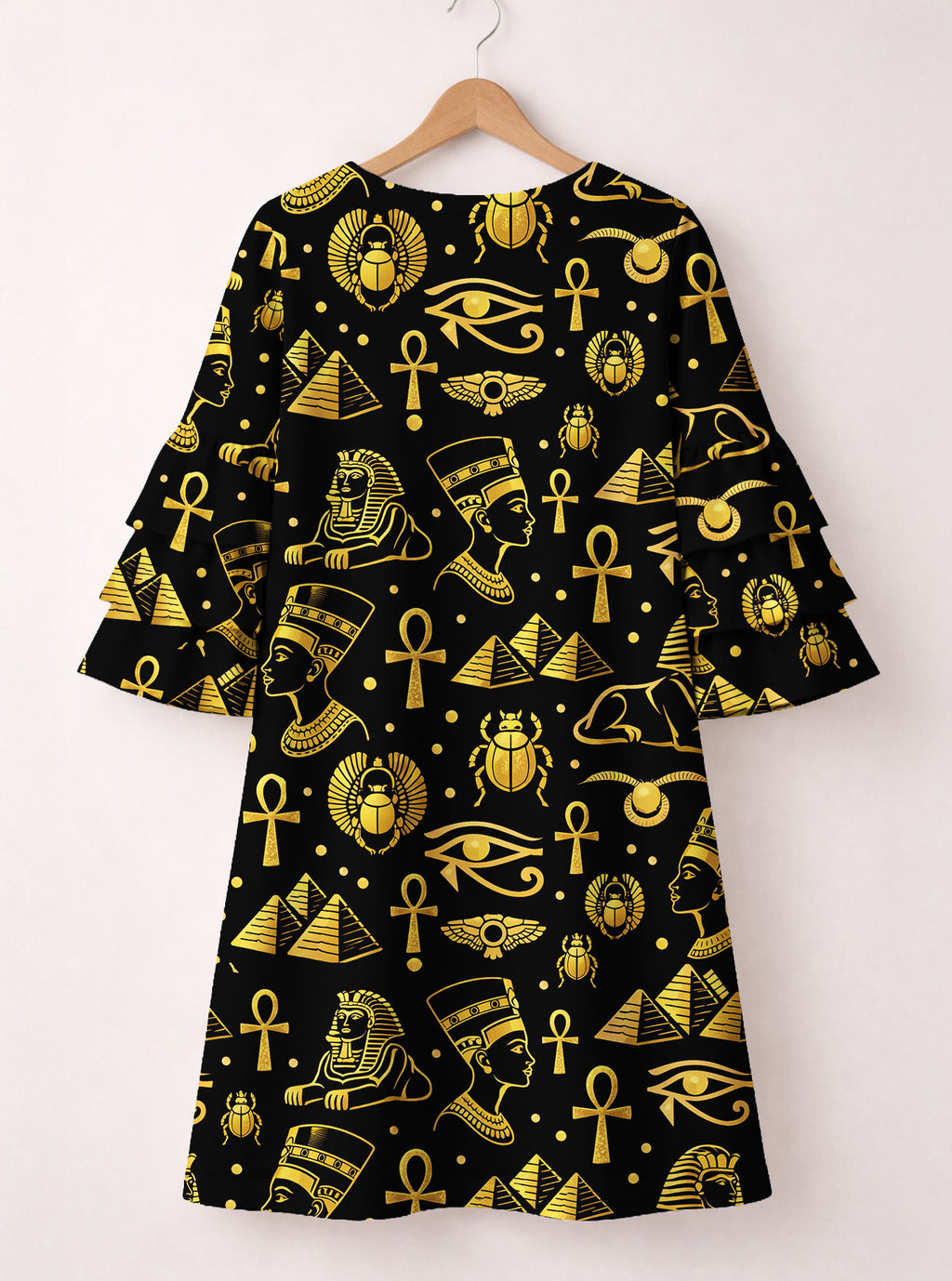 "Nefertiti" Black Gold Stacked Ruffle Sleeve Dress