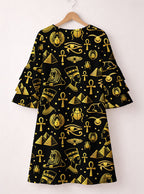 "Nefertiti" Black Gold Stacked Ruffle Sleeve Dress