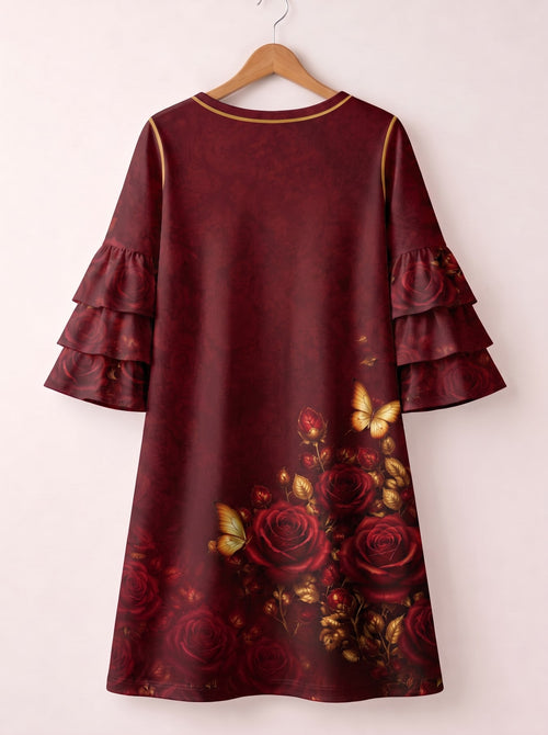 "August Girl Roses" Stacked Ruffle Sleeve Dress