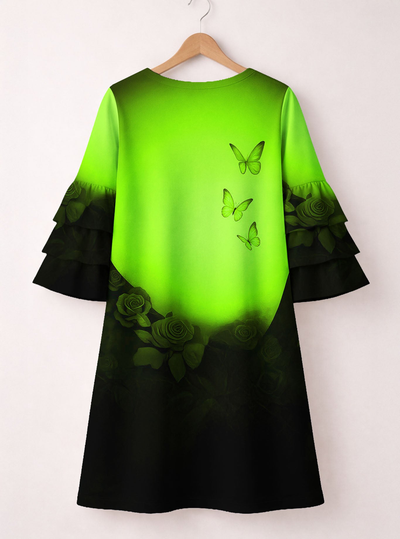 "Selah" Green Stacked Ruffle Sleeve Dress