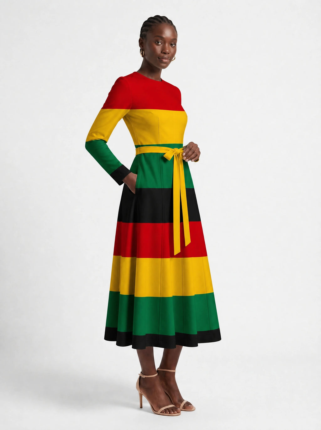 "Accra" Long Sleeve Midaxi Dress — three-quarter view on model, hand in the side pocket