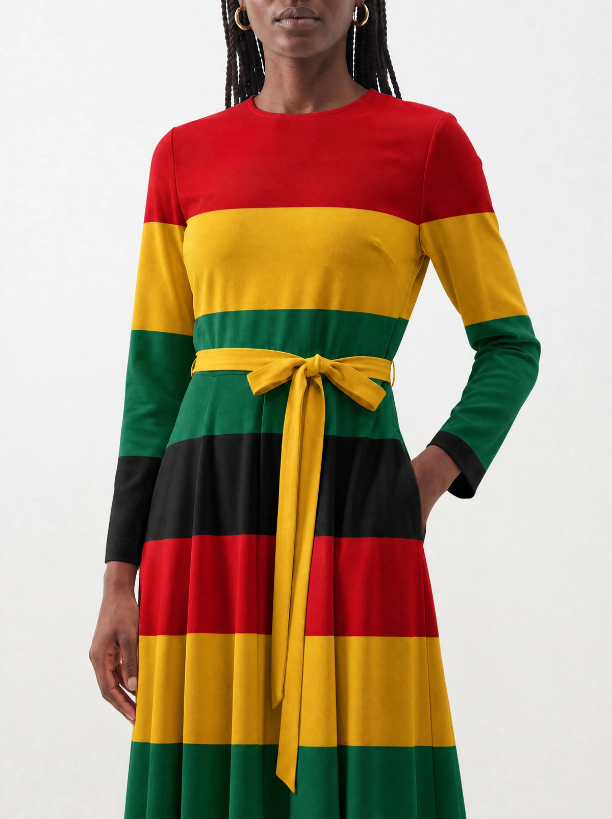 "Accra" Long Sleeve Midaxi Dress — close-up of the tie sash and the in-seam side pocket