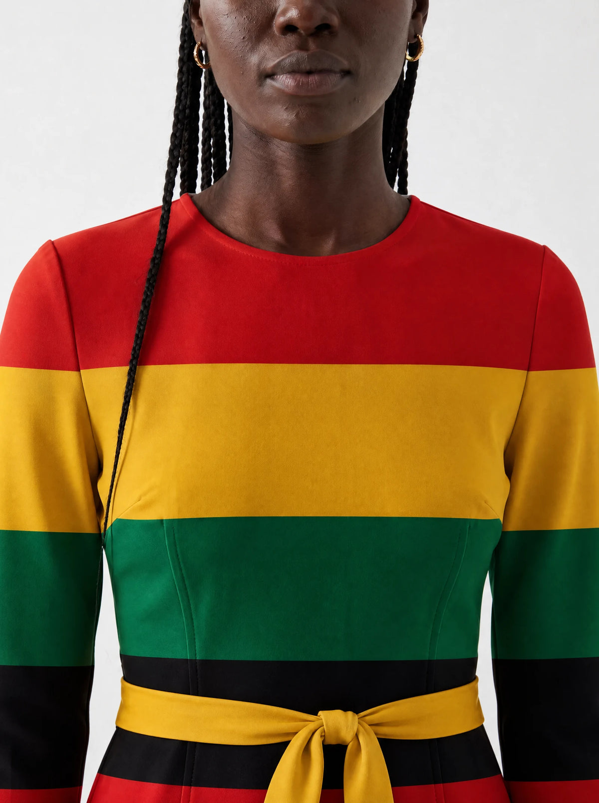 "Accra" Long Sleeve Midaxi Dress — close-up of the round neckline and long sleeve