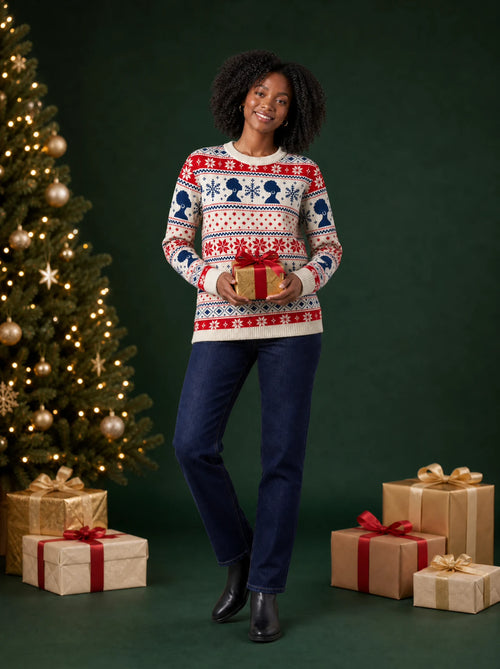"Afro Fair Isle" Christmas Sweatshirt — on model, Christmas backdrop