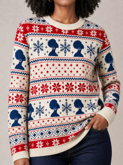 "Afro Fair Isle" Christmas Sweatshirt — print close-up on model