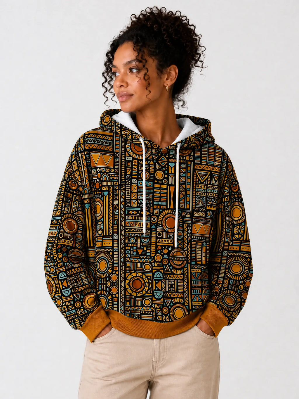 "Afrocentric Pattern" Hoodie — front view on model