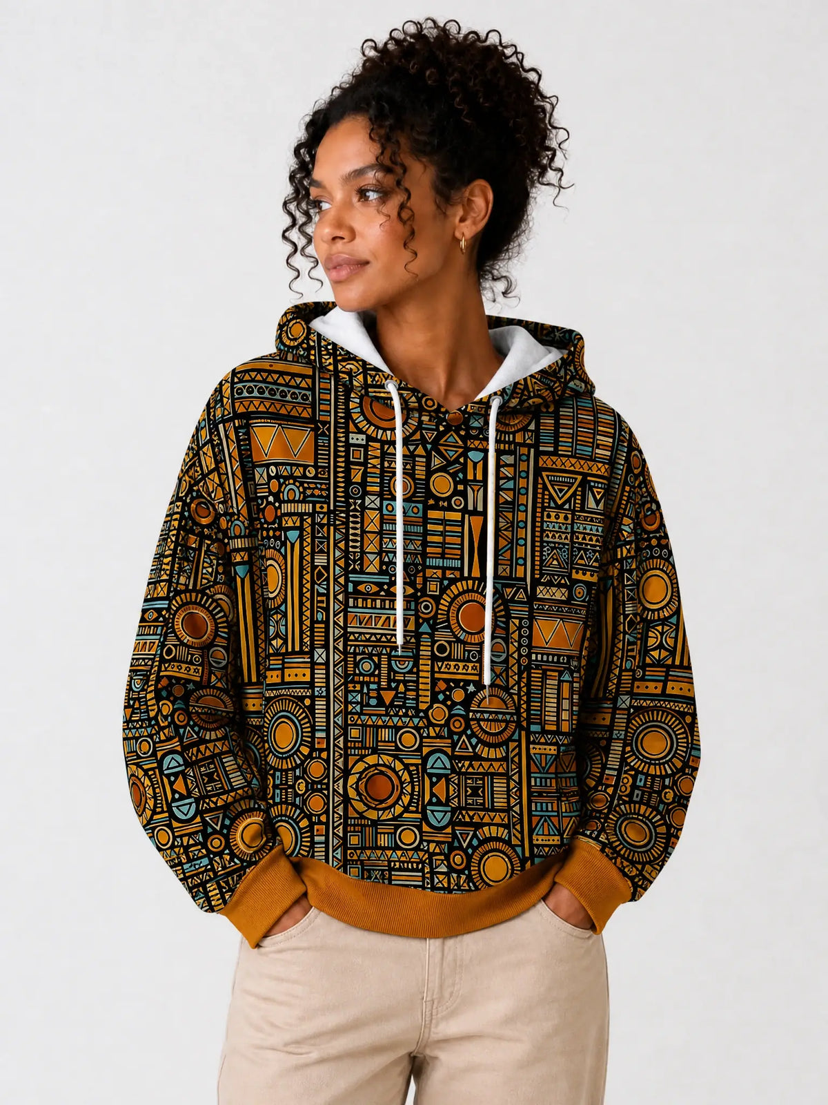 "Afrocentric Pattern" Hoodie — front view on model