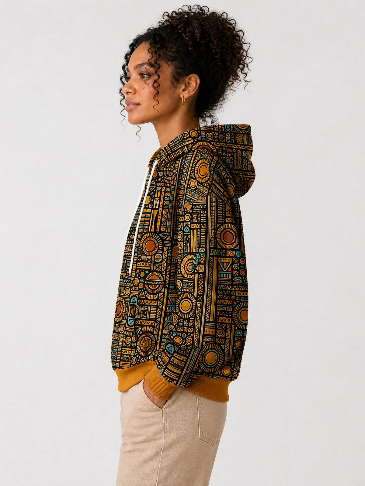 "Afrocentric Pattern" Hoodie — side view on model
