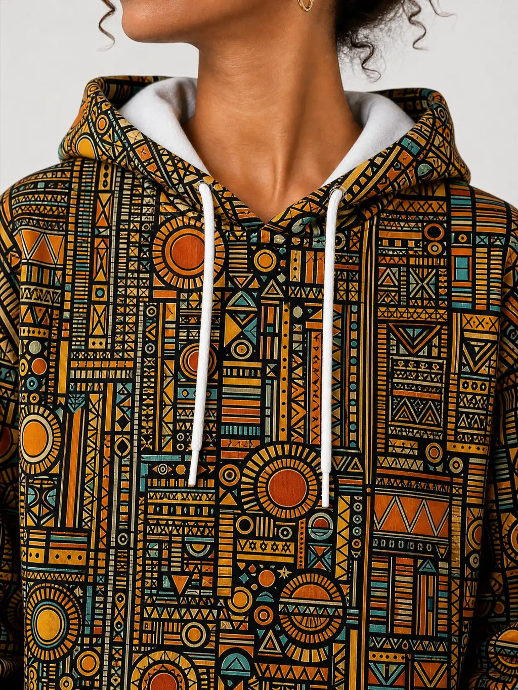 "Afrocentric Pattern" Hoodie — close-up on model