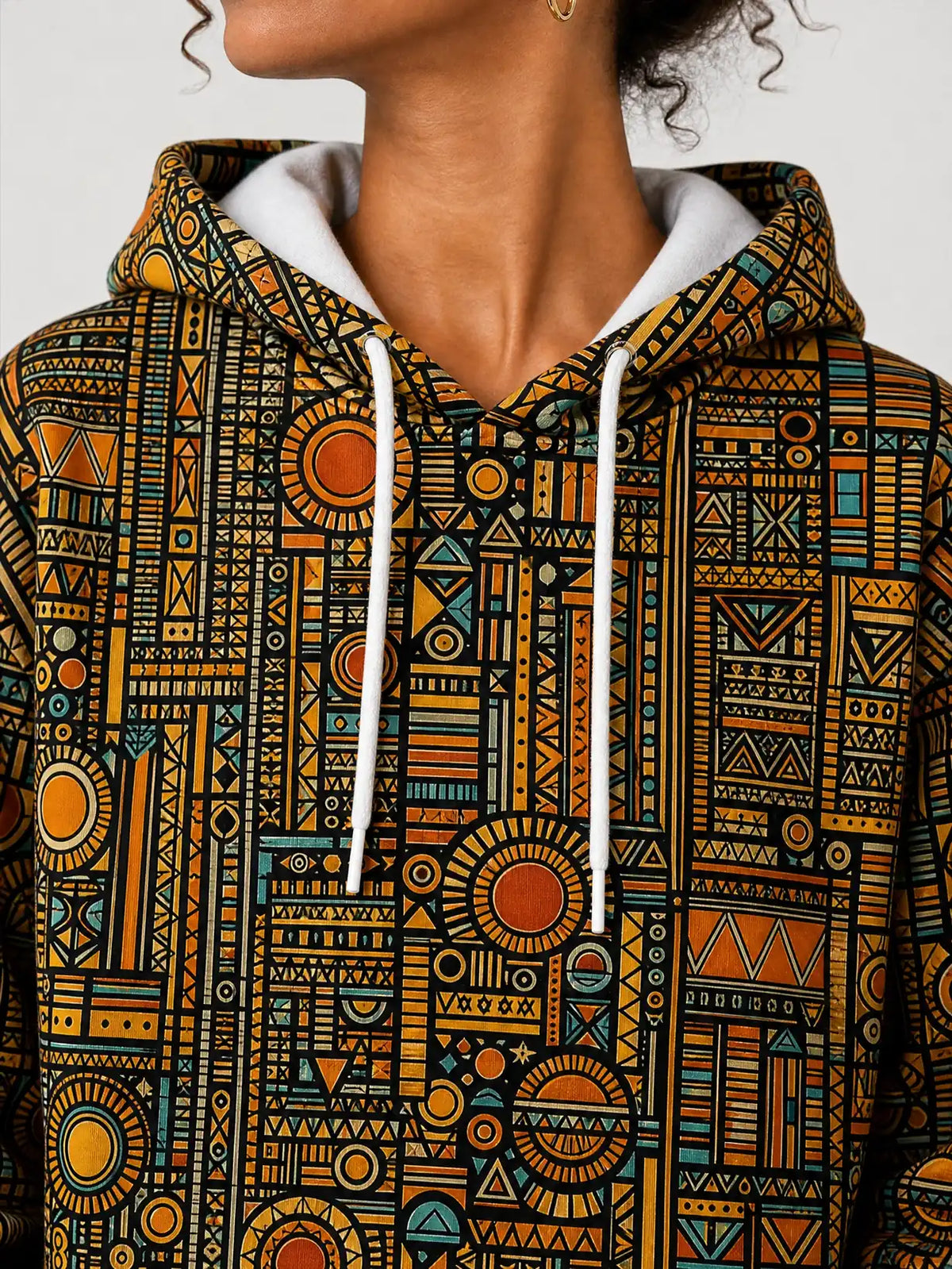 "Afrocentric Pattern" Hoodie — close-up on model