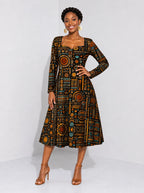 "Afrocentric Pattern" Long Sleeve Sweetheart Midi Dress — front view on model