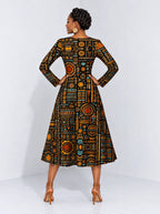 "Afrocentric Pattern" Long Sleeve Sweetheart Midi Dress — back view on model