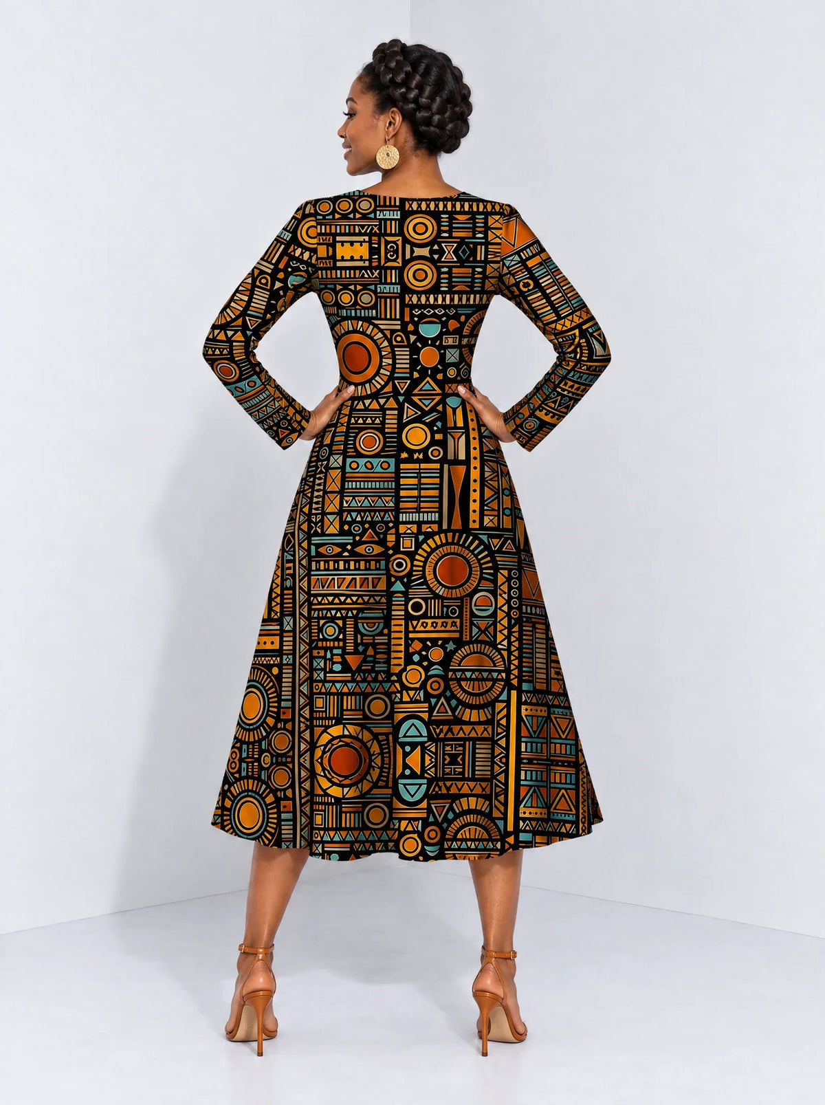 "Afrocentric Pattern" Long Sleeve Sweetheart Midi Dress — back view on model