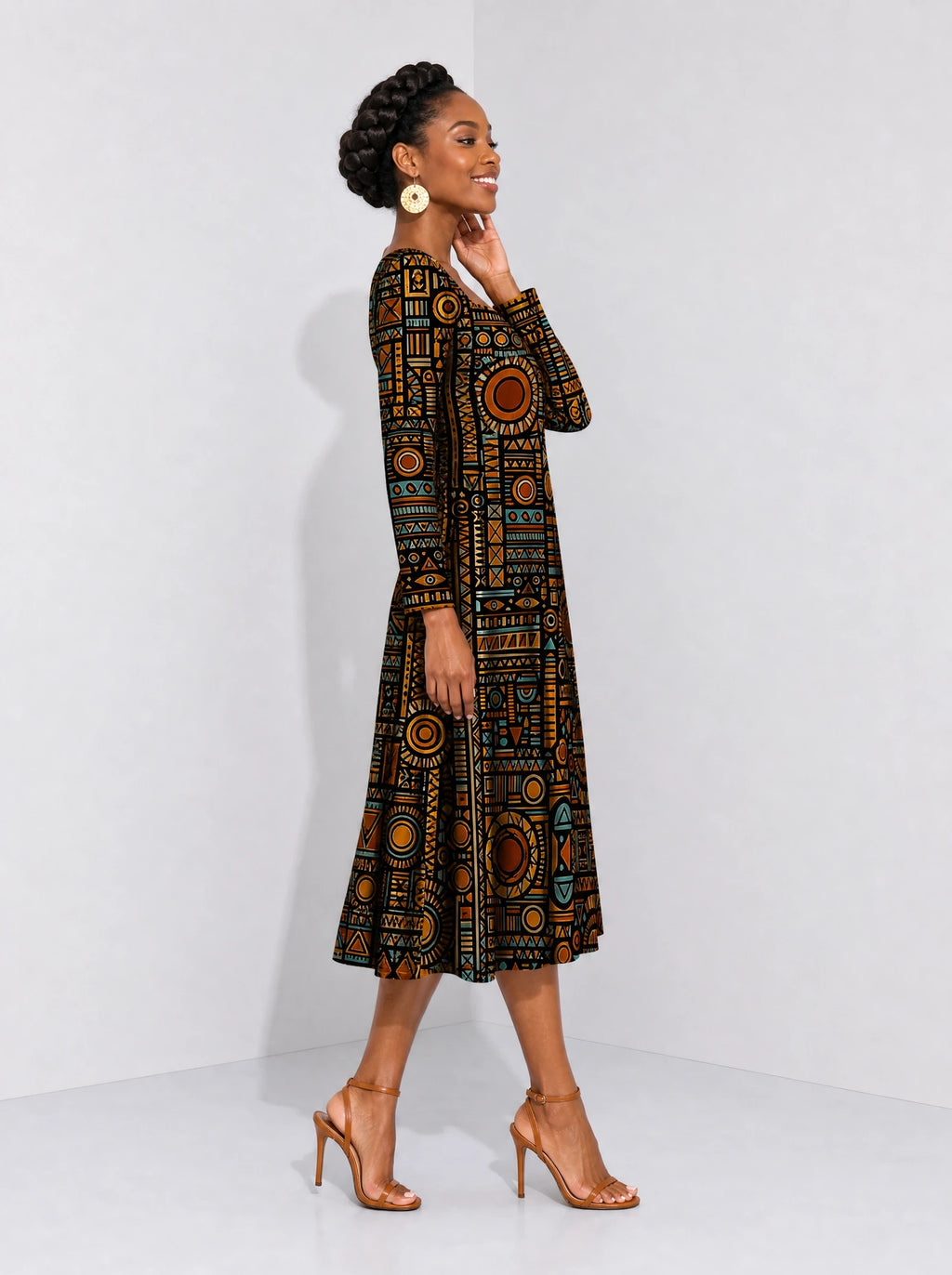 "Afrocentric Pattern" Long Sleeve Sweetheart Midi Dress — side view on model