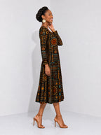 "Afrocentric Pattern" Long Sleeve Sweetheart Midi Dress — side view on model