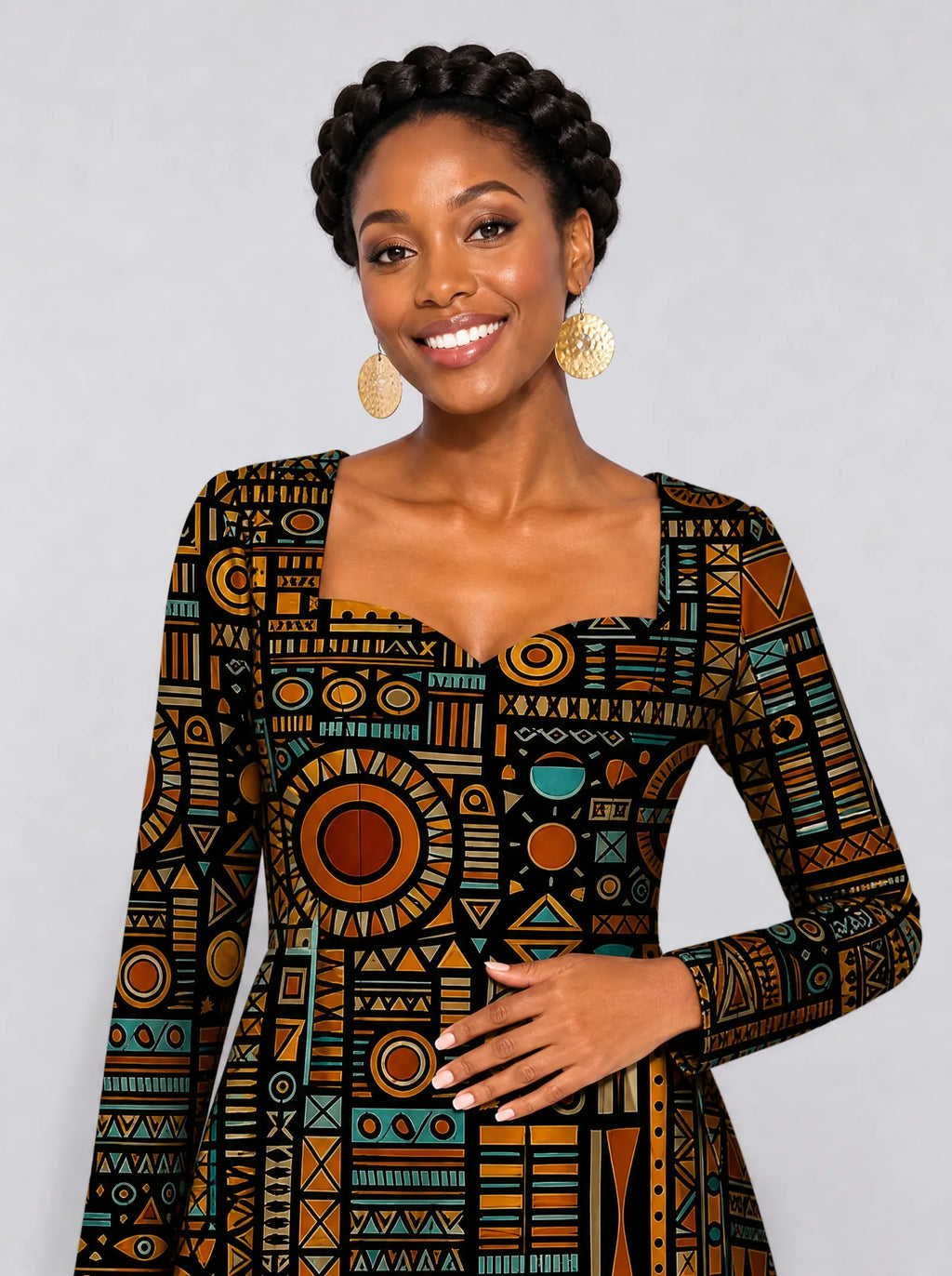 "Afrocentric Pattern" Long Sleeve Sweetheart Midi Dress — print close-up on model