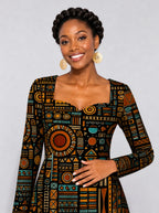 "Afrocentric Pattern" Long Sleeve Sweetheart Midi Dress — print close-up on model