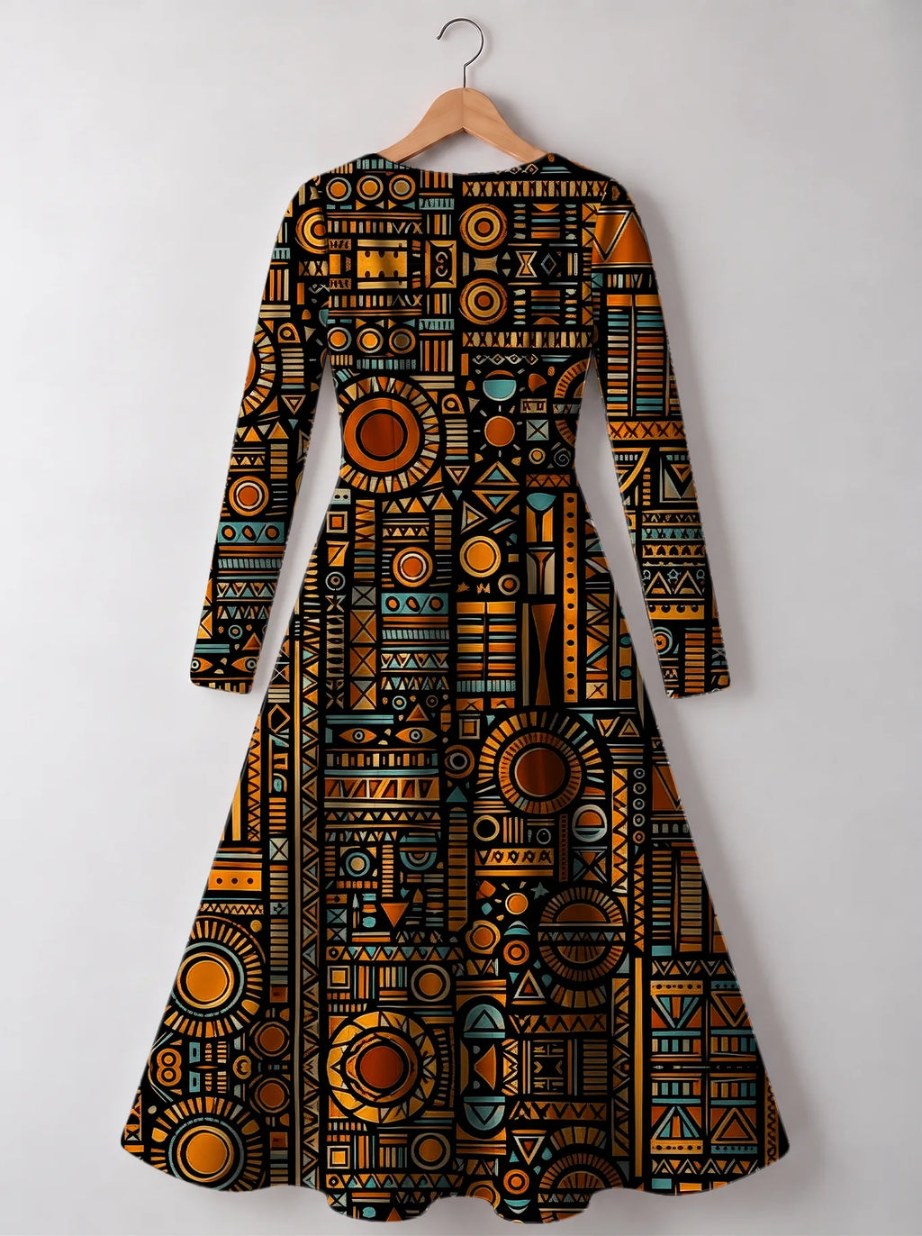 "Afrocentric Pattern" Long Sleeve Sweetheart Midi Dress — back view
