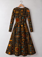 "Afrocentric Pattern" Long Sleeve Sweetheart Midi Dress — back view
