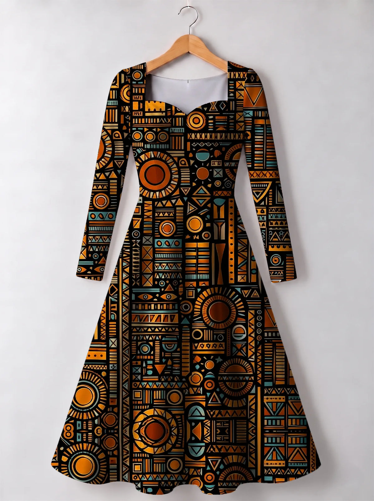 "Afrocentric Pattern" Long Sleeve Sweetheart Midi Dress — front view