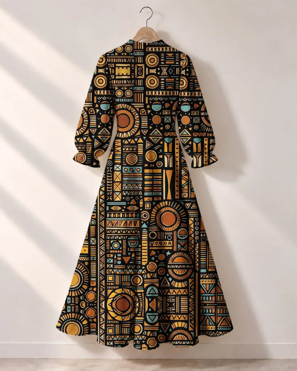 "Afrocentric Pattern" Long Puff Sleeve Dress