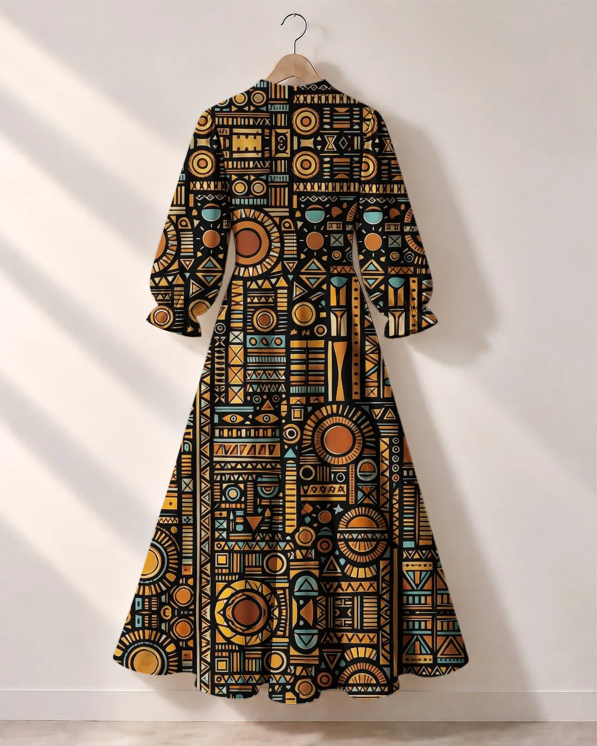 "Afrocentric Pattern" Long Puff Sleeve Dress